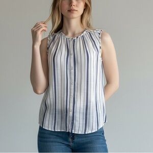 Lucky Brand White and Blue Sleeveless Buttoned Blouse